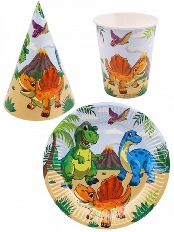 Набор для праздника Динозавры  (тарелка 6шт, стаканы 6 шт, колпаки 6 шт) ФЛ-0949