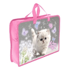 ПТ-14-4  Белый котик  - папка печать на пластике А4 с ручками(тесьма), дизайн с двух сторон