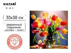 Алмазная мозаика ТЮЛЬПАНЫ деревянный подрамник, холст 30X30 см, частичная выкладка, термоусадочная п