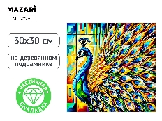 Алмазная мозаика ПАВЛИН, деревянный подрамник, холст 30X30 см, частичная выкладка, термоусадочная пл