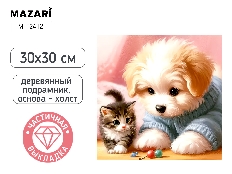 Алмазная мозаика ЩЕНОК И КОТЕНОК, деревянный подрамник, холст 30X30 см, частичная выкладка, термоуса