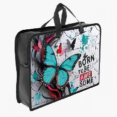 ПТ-14-4  Бабочка аквамарин  - папка печать на пластике А4 с ручками(тесьма), дизайн с двух сторон