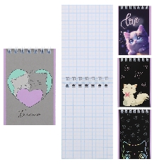 Блокнот А7 (68*102) 40л клетка дв спир обл мягк карт КОКОС Котики 261884 ассорти 4 вида