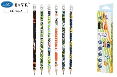Карандаш чернографитный: "СПОРТ"; НВ, деревянный, заточенный с ластиком, цветной с рисунком /ассорти