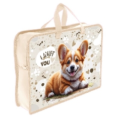 ПТ-14-4  Забавный корги  - папка печать на пластике А4 с ручками(тесьма), дизайн с двух сторон